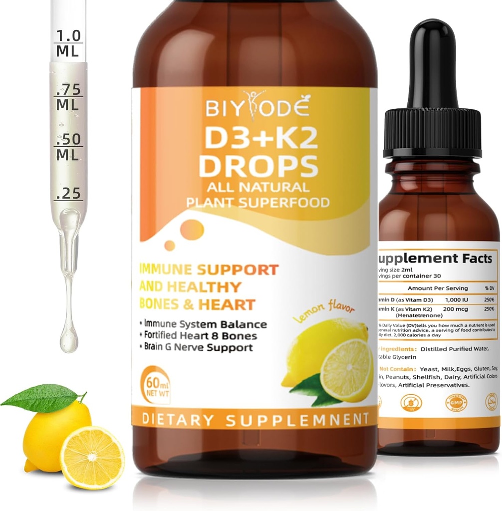 Vitamine D3 K2 gouttes liquides – Liposomique 1000 UI D3 & 200 mcg K2 MK-7 – Haute absorption, immunosuppression, os et soutien cardiaque, non-OGM, parfum citronné, 60ml