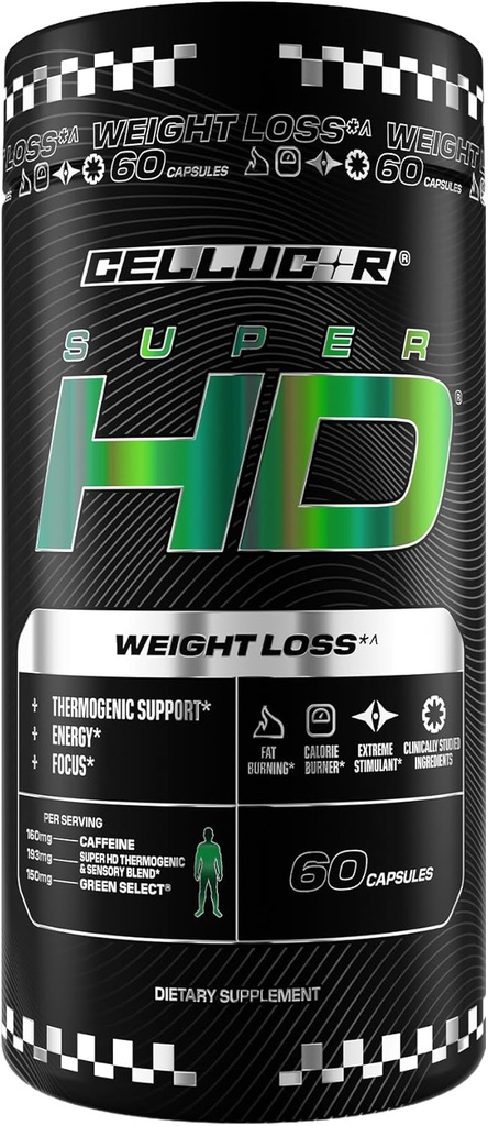 Cellucor SuperHD Thermogénique Fat Burner Supplément de perte de poids, Suppresseur d'appétit, et Booster d'énergie Capsimax, Extrait de thé vert, 160mg caféine et plus 60 capsules (emballage mai Vary)