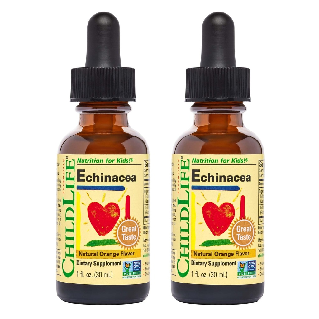 ESSENTIELS D'ENFANTS Echinacée pour enfants - Gouttes d'Echinacée pour enfants, Teinture liquide, Supplément sans alcool pour bébés, tout-petits, enfants - Orange naturelle, 1 Fl Oz (paquet de 2)