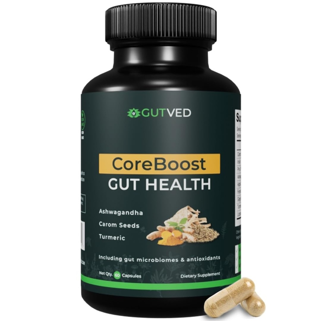 Supplément santé Gut Coreboost avec Ashwagandha, graines de carome, curcuma - Prébiotiques et probiotiques pour les femmes et les hommes - 2 Million CFU-Meilleur pour la santé digestive, Bloating Relief, Gas Reduction
