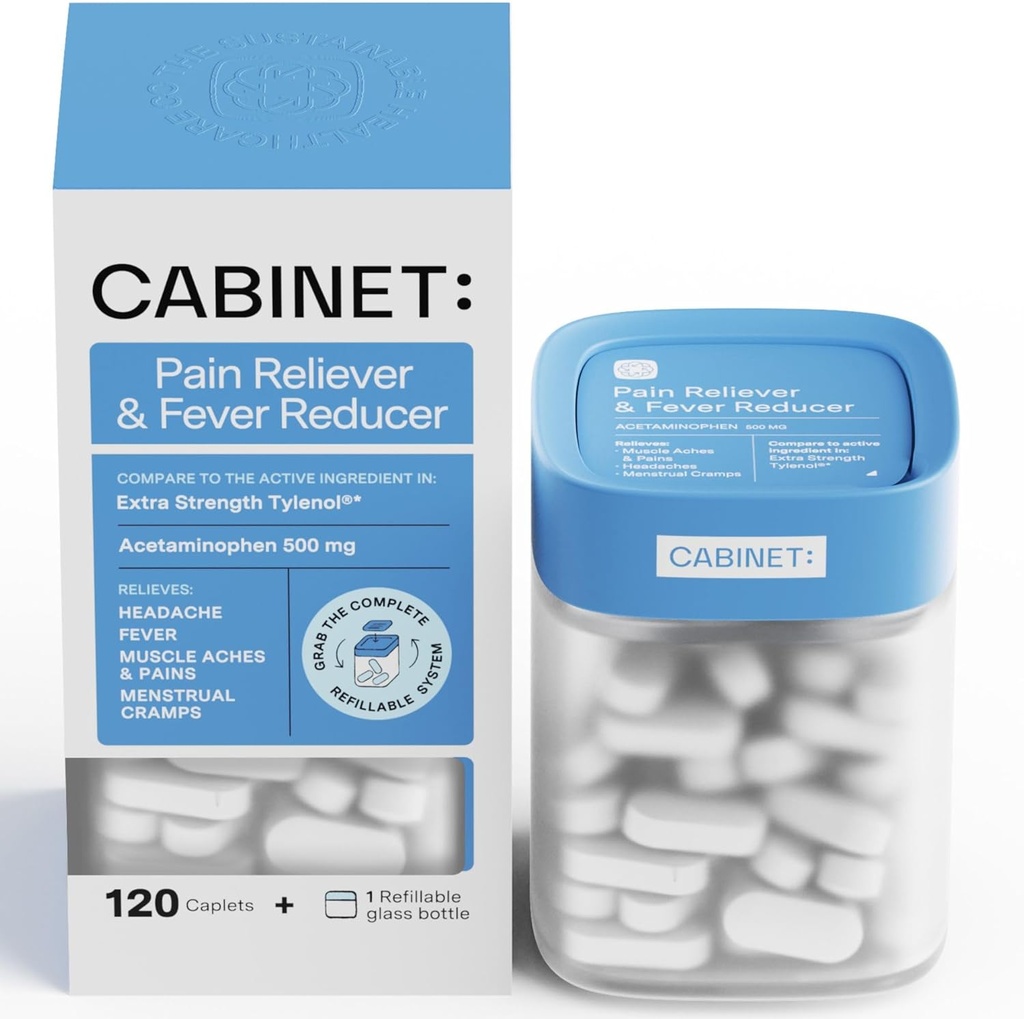 Cabinet : 500 mg d'acétaminophène pour le soulagement des maux de tête, des dents, de la gorge douloureuse et du réducteur de fièvre, comprenant 1 pot de médicament rechargeable, 120 comprimés (Kit de démarrage)