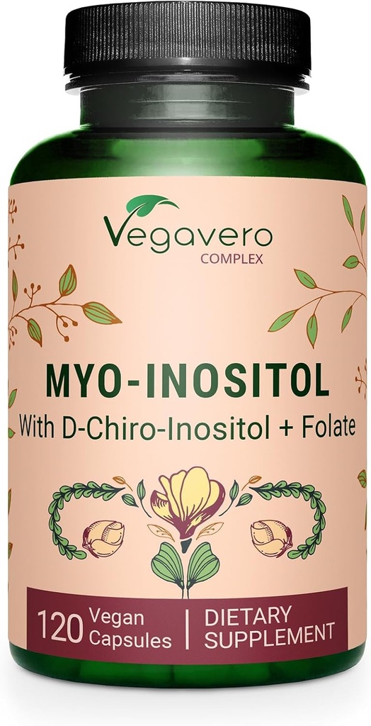Végavero Myo-Inositol et D-Chiro Inositol , Balance hormonale et soutien ovarien , avec Folate, Resvératrol, CoQ10 , 40:1 Rapport , Testé en laboratoire , 120 Caps , Vegan