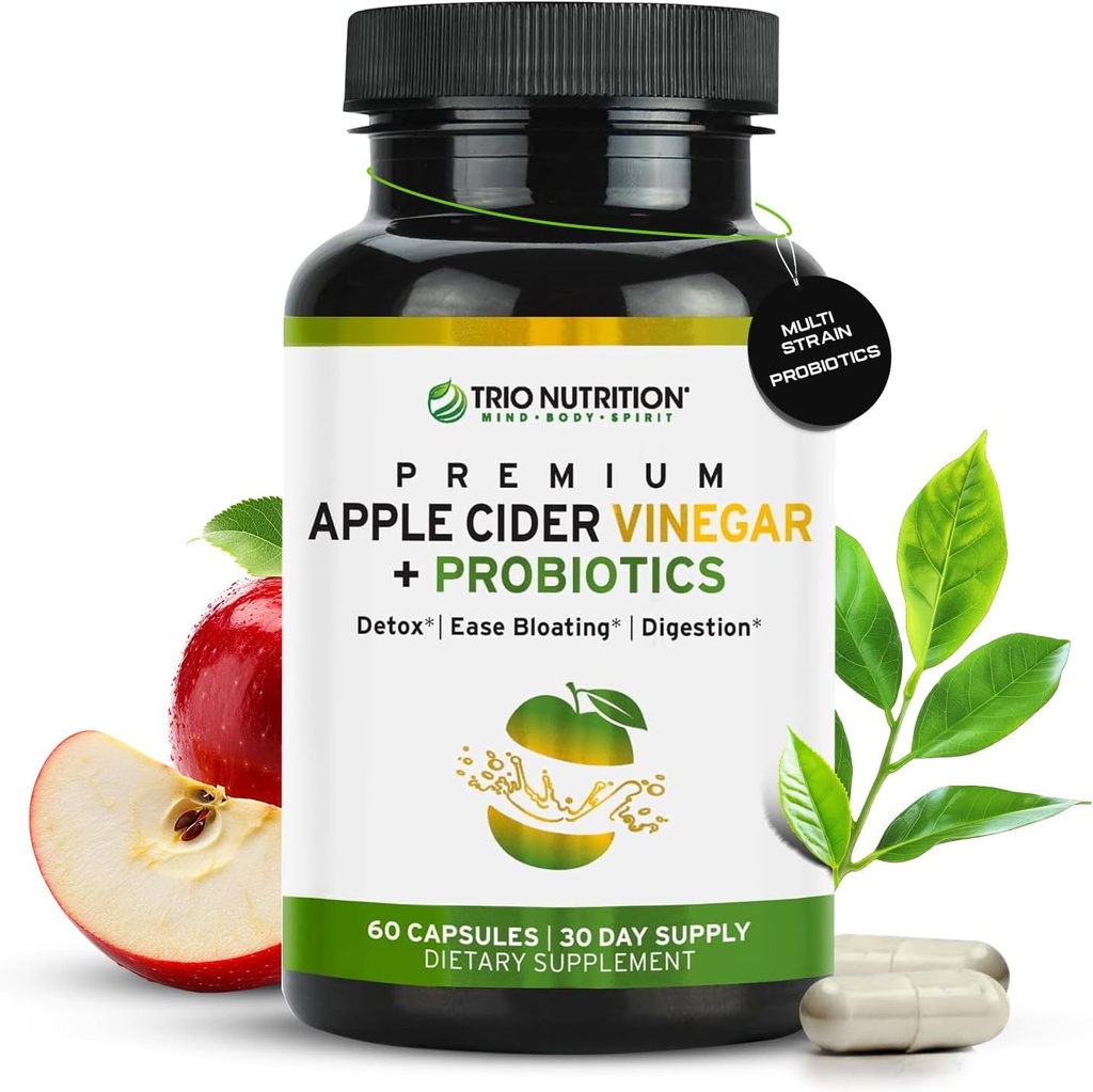 TRIO NUTRITION Capsules de vinaigre de cidre de pomme avec probiotiques multi-train - Capsules de vinaigre de cidre de pomme sans sucre naturel avec la mère pour la santé, l'immunité, le nettoyage corporel et un pH sain - Booster de métabolisme*