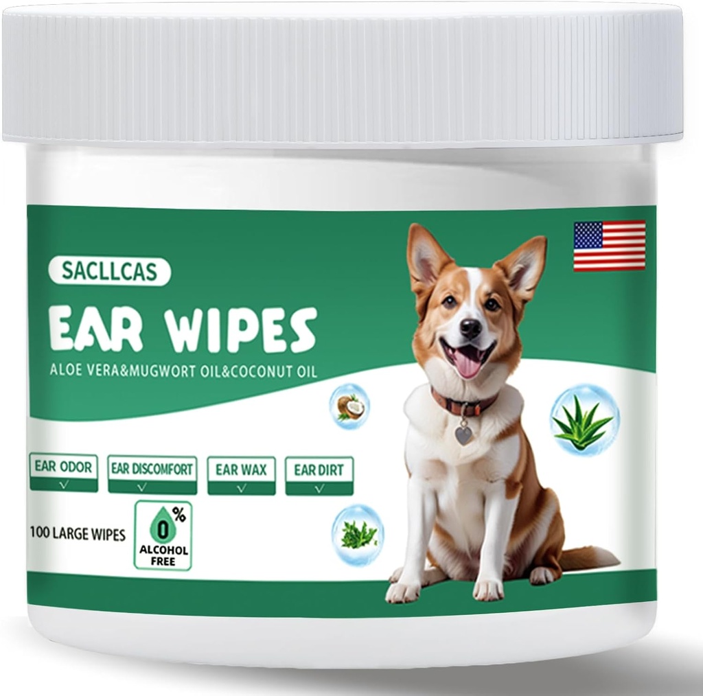 Wipes nettoyantes d'oreille de chien 100 Compte, pH doux équilibré pour la cire d'oreille, odorat et démangeaison, sans alcool hypoallergénique avec Aloe Vera, sans danger pour les oreilles chiottes