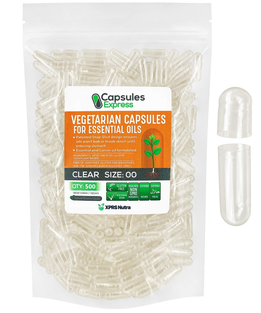 XPRS Nutra Taille 00 Capsules Vegan vides - 500 Capsules Végétiques claires pour les huiles essentielles - Bouchons végétaux vides - Le remplissage bricolage fonctionne avec la plupart des huiles