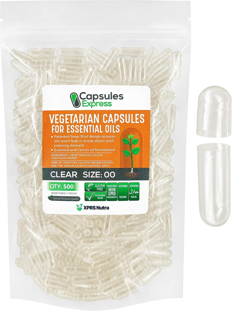 XPRS Nutra Taille 00 Capsules Vegan vides - 500 Capsules Végétiques claires pour les huiles essentielles - Bouchons végétaux vides - Le remplissage bricolage fonctionne avec la plupart des huiles