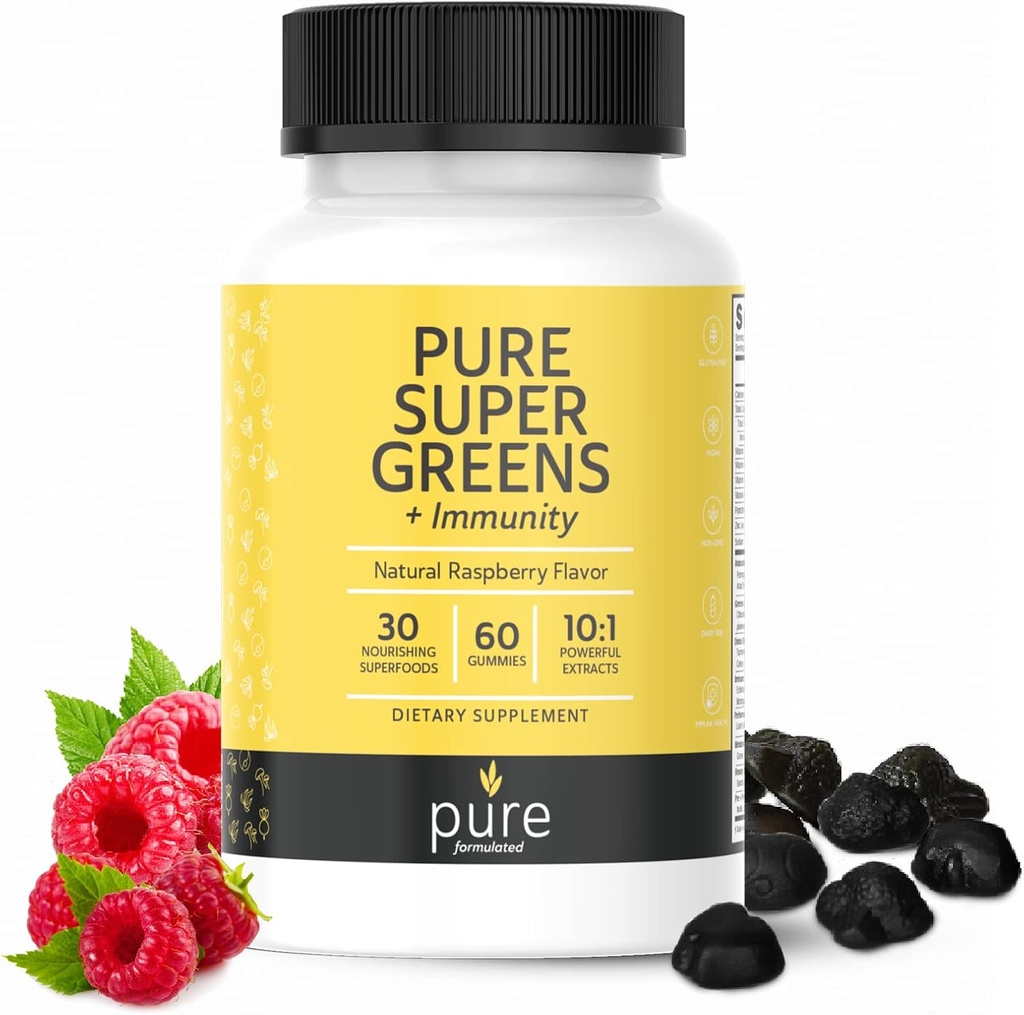 Super Greens Multivitamine Gummies pour adultes et enfants Immune Support Gummies - 30 Superfoods Suppléments végétaliens - Flacon de framboise naturel (60 comte)