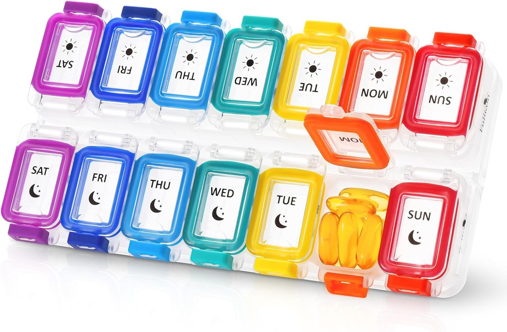 Fullicon Humidure Proof Pill Organizer 2 fois par jour, grande boîte à pilules 7 jours, cas de déversement de pilules, conteneur de pilules de voyage, organisateur de pilules de médicaments avec lids sécurisés, organisateur quotidien de pilules (Rainbow Clear)