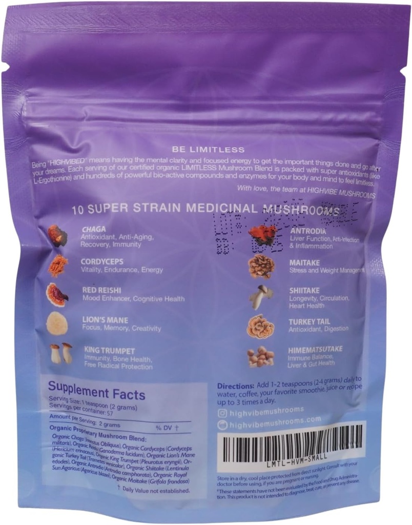 Poudre de champignons sans limite Highvibe, mélange de champignons 10-en-1, corps de mycélium et de fruits à spectre complet, biologique, végétalien, casher, GF, énergie concentrée