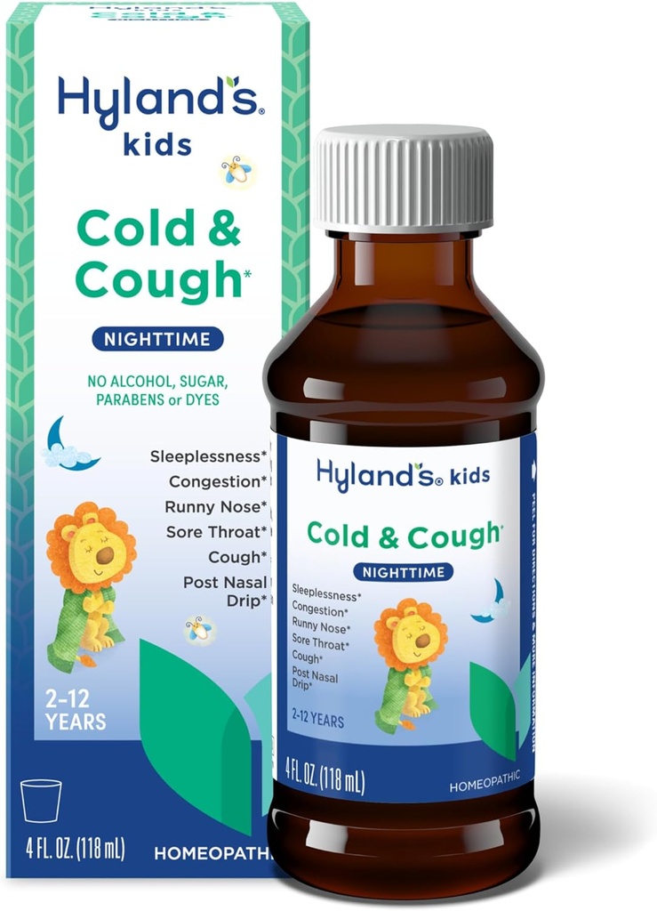Hyland's Kids Cold and Cough, Nighttime Cough Sirop Medicine for Kids 2 ans et plus, Dognestant, Mal de gorge et de sommeil, soulagement des symptômes du rhume, 4 Fl Oz