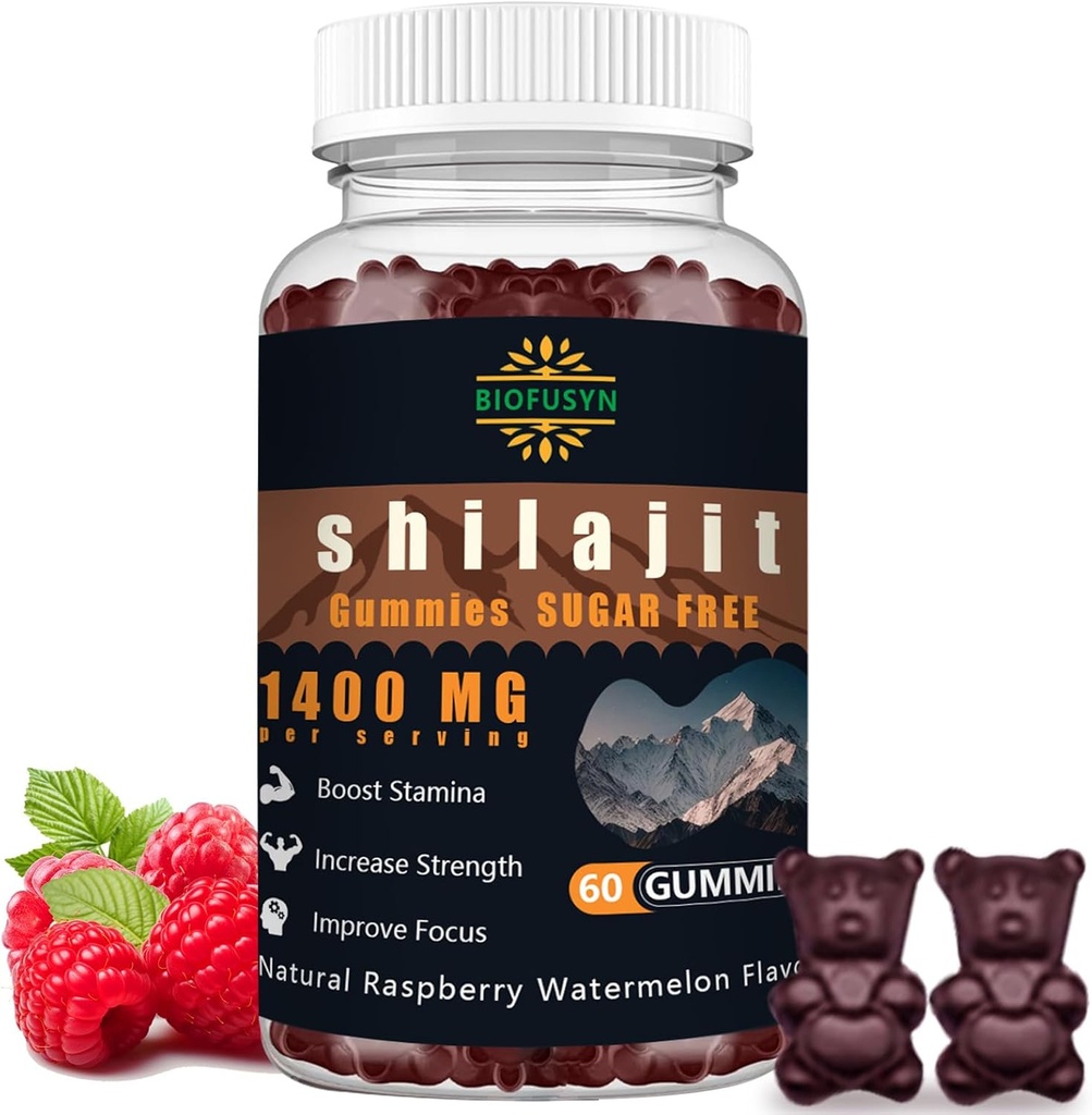 Gummies Shilajit pour les hommes et les femmes - 1400mg, Supplément Himalayen pur, haut en minéraux et acide fulvic, énergie, cerveau, Immunity Boost, Raspberry Watermelon Flavor