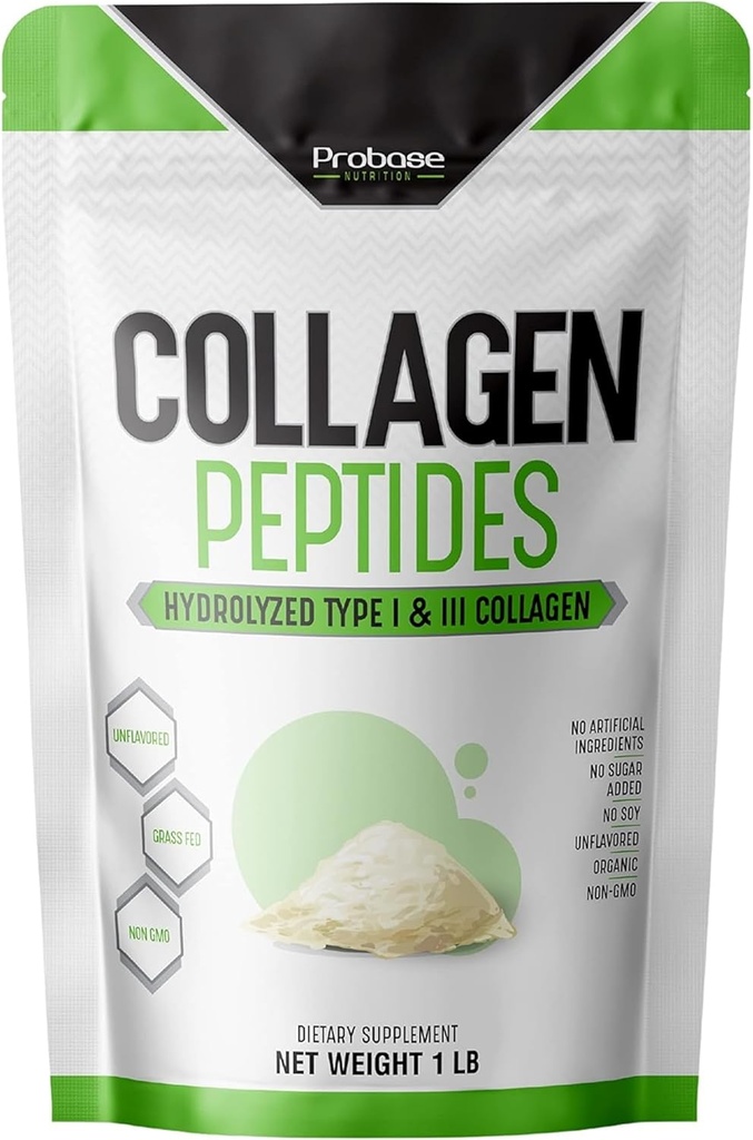 Probase Nutrition Poudre de peptides de collagène (type I, III) pour l'articulation des ongles de peau, hydrolysée pour une meilleure absorption de collagène, non-OGM vérifié, kéto et sans gluten, blanc, 16 Oz