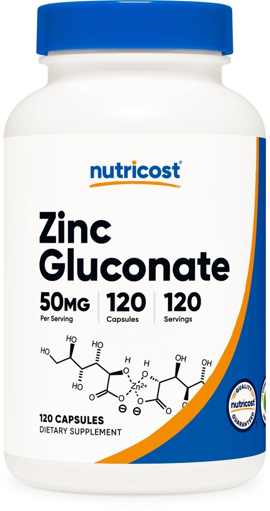 Nutricost Gluconate de zinc 120 Capsules végétariennes (50mg) - Sans gluten et sans OGM