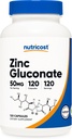 Nutricost Gluconate de zinc 120 Capsules végétariennes (50mg) - Sans gluten et sans OGM
