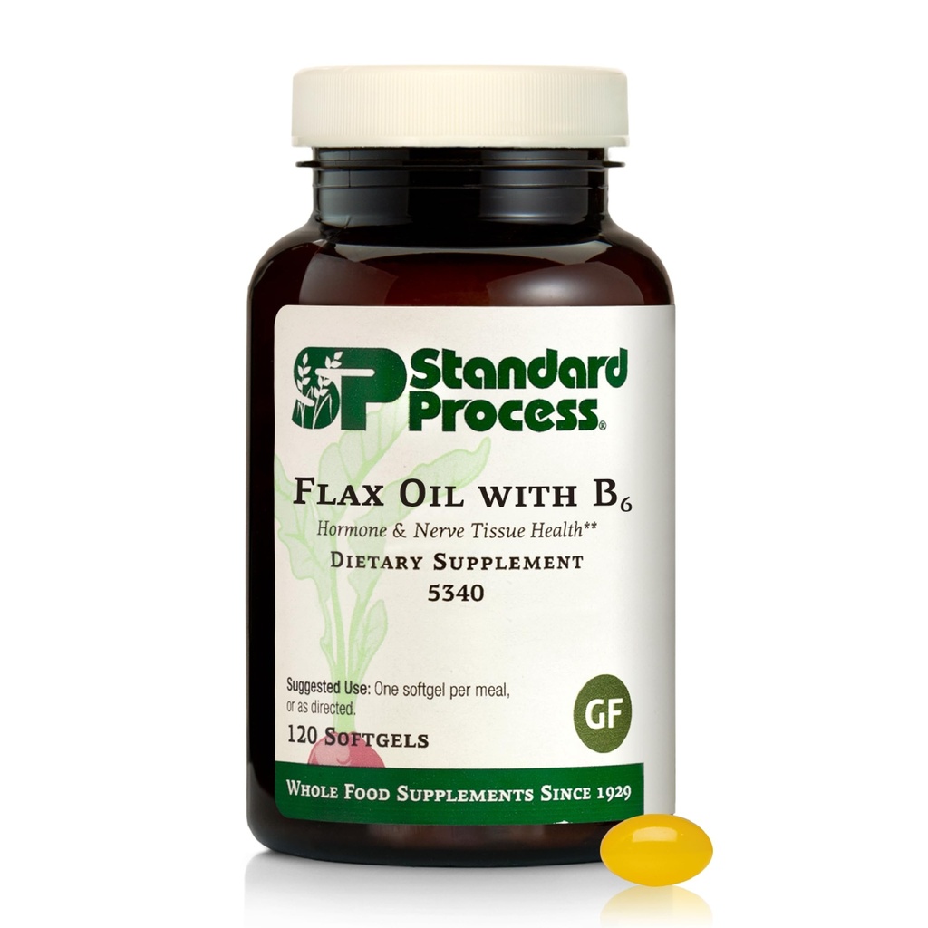 Huile de lin de procédé standard avec B6 - Supplément pour le soutien des tissus hormonaux et nerveux - Supporte la peau du cerveau, du cœur et de la peau - Sans gluten, sans lait et sans soie - 120 Softgels (120 portions)
