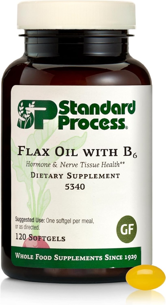 Standard Process Flax Oil with B6 - Supplement for Hormone & Nerve Tissue Support - Supports Brain, Heart & Skin Skin - Gluten-Free, Non-Dairy & Non-Soy - 120 Softgels (120 Servings)