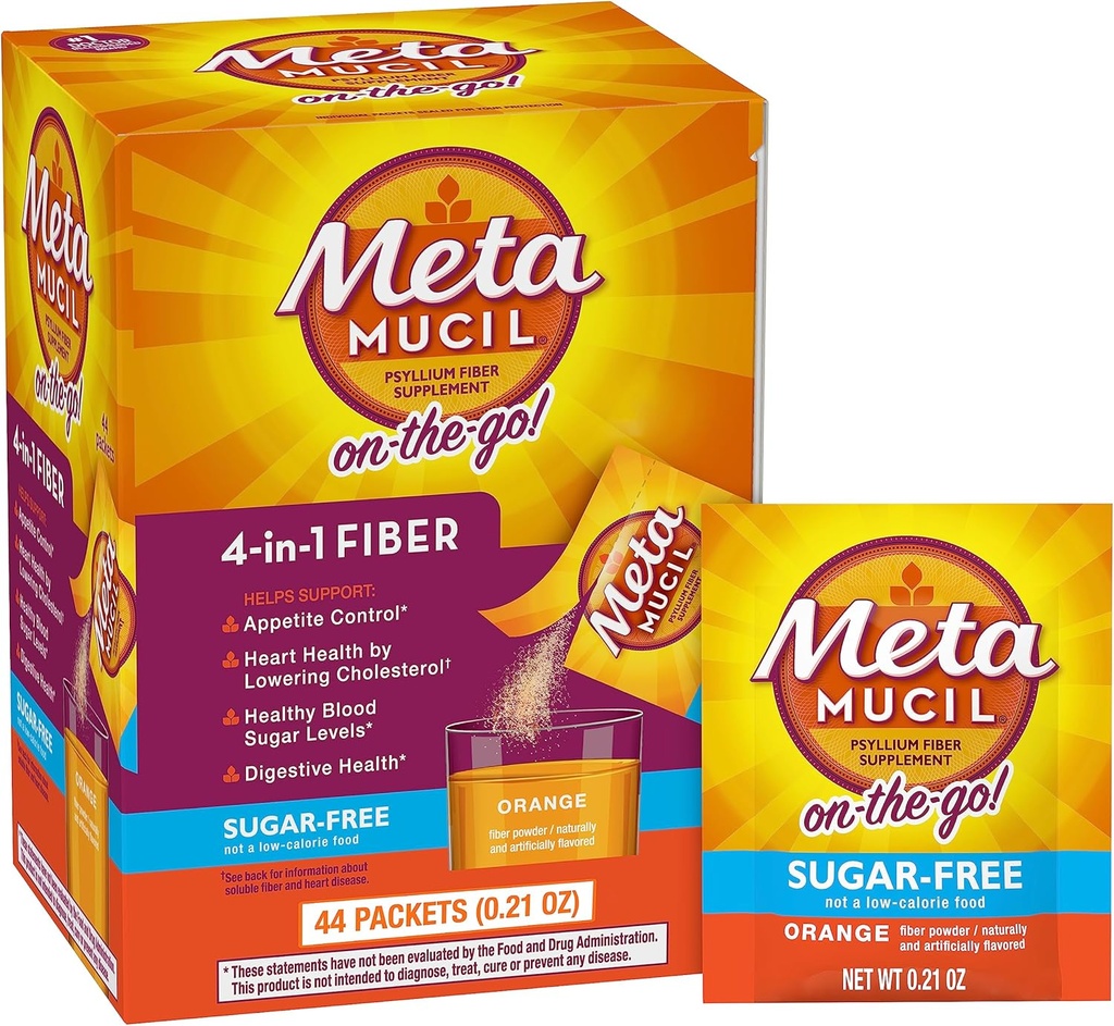 Métamucil On-The-Go, Supplément quotidien de poudre de musc de Psyllium, Poudre sans sucre, Fibre 4-en-1 pour la santé digestive, boisson aromatisée orange, 44 paquets