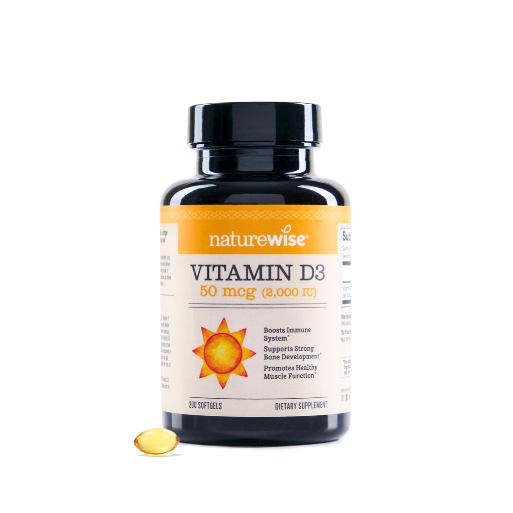NatureWise Vitamine D3 2000iu (50 mcg) 200 jours d'approvisionnement pour le soutien immunitaire, la fonction musculaire saine et la santé des os - Non-OGM, sans gluten dans l'huile d'olive extra vierge biologique, (Mini Softgel), 200 Nombre