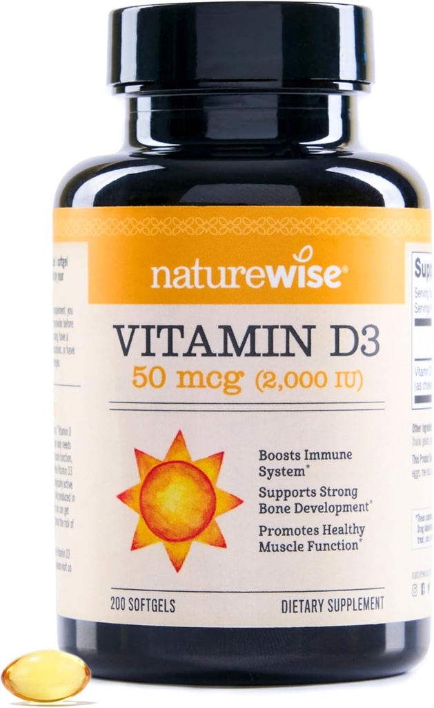 NatureWise Vitamine D3 2000iu (50 mcg) 200 jours d'approvisionnement pour le soutien immunitaire, la fonction musculaire saine et la santé des os - Non-OGM, sans gluten dans l'huile d'olive extra vierge biologique, (Mini Softgel), 200 Nombre