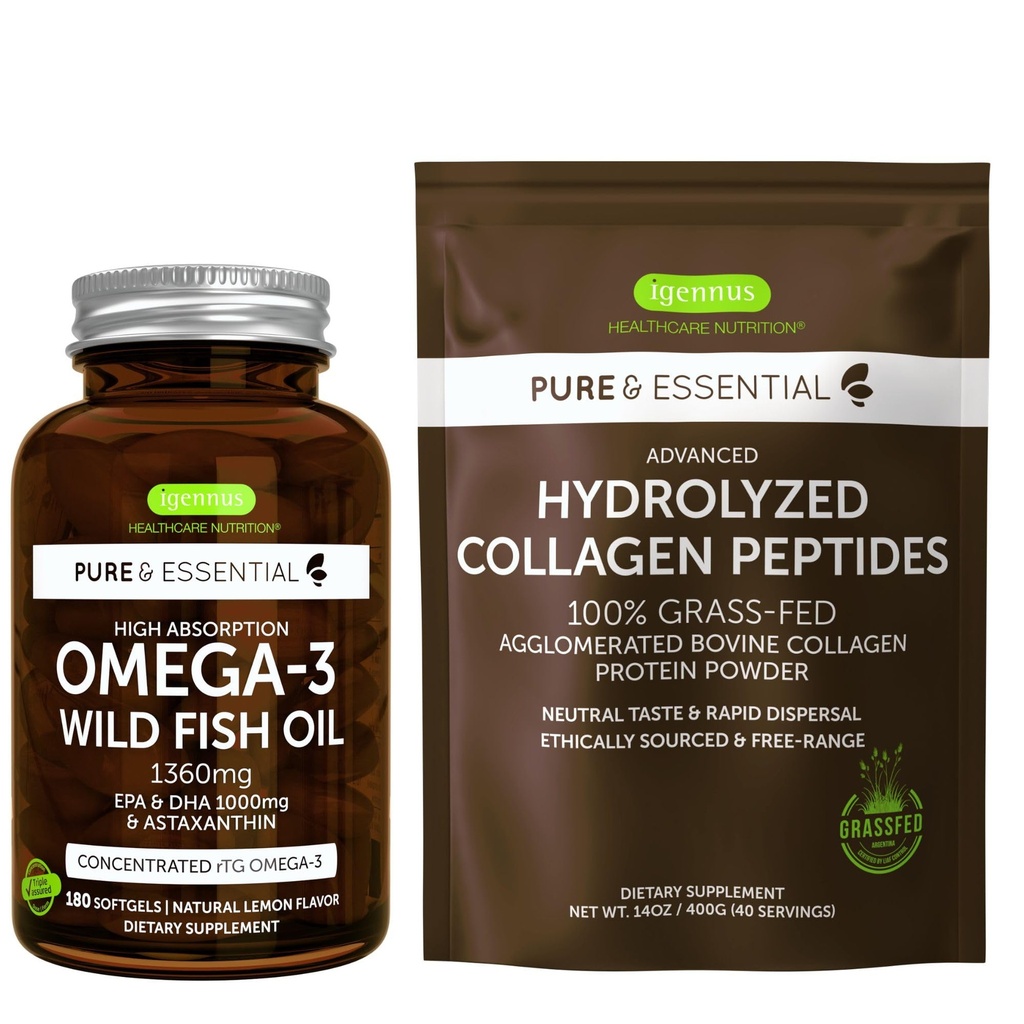Haute absorption Omega-3 Huile de poisson sauvage 1360mg & Avancé de Peptides de Collagène Hydrolysés, 1000mg EPA & DHA avec Astaxanthine et 100% de Poudre de protéines de Collagène de Fovine, par Igennus