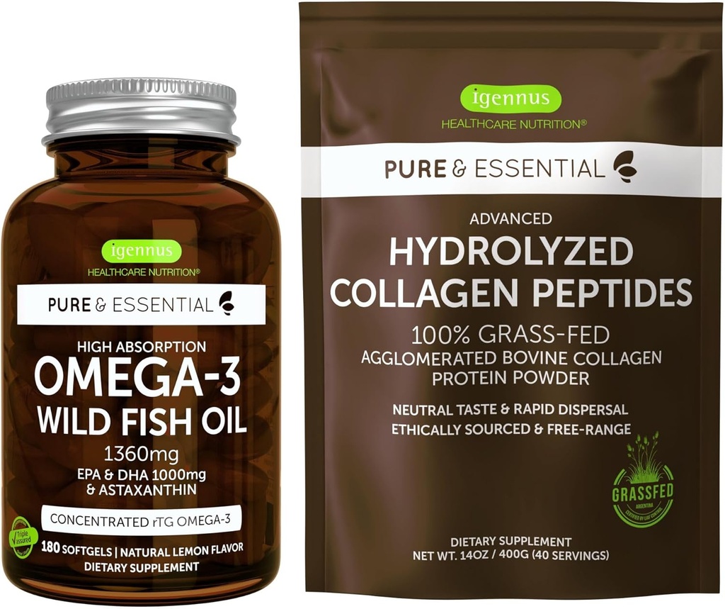High Absorption Omega-3 Wild Fish Oil 1360mg & Advanced Hydrolyzed Collagen Peptides Bundle, 1000mg EPA & DHA with Astaxanthin & 100% Grass Fed Bovine Collagen Protein Powder, by Igennus