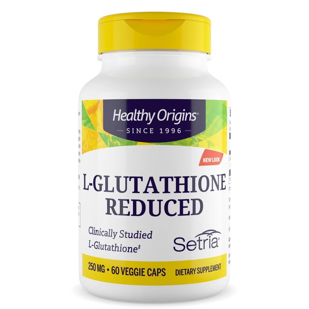 Origines saines L-glutathion 250 mg (Sétria, non-OGM, sans gluten, antioxydant, soutien immunitaire, soutien de la peau), 60 capsules de légumes