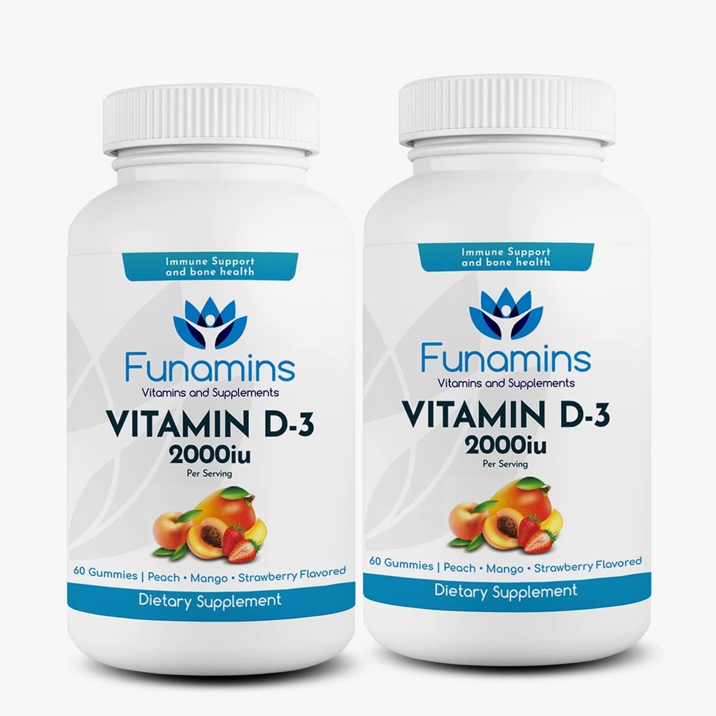 Vitamine D3 Gummies, 2-Pack, 60 Comptez chaque, 2000iu par service, soutient le système immunitaire et la santé des os; pour les enfants et les adultes; pêche, mangue, fraise et saveurs