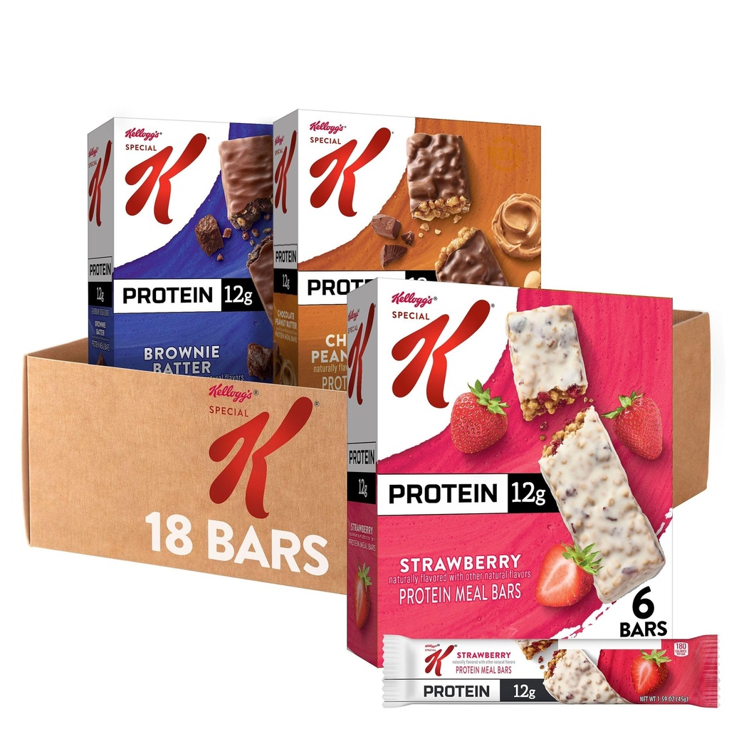Barre spéciale de protéines K Bar, substitut de repas, collations de protéines en vrac, boîte de variétés (3 boîtes, 18 dénombrements)
