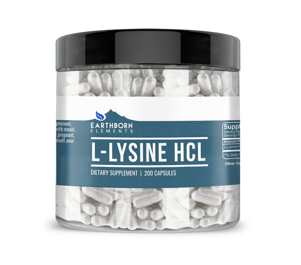 Earthborn Elements L-Lysine HCL 200 Capsules, Pure & Undiluted, No Additives
