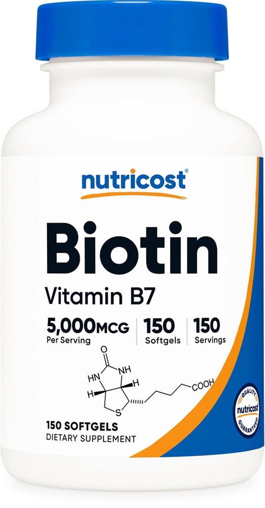 Nutricost Biotine (5 000 mcg) 150 softgels - Vitamine B7 - Sans gluten, sans OGM