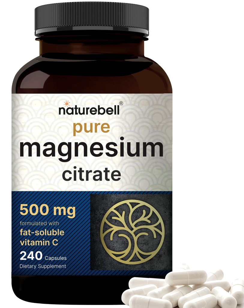 NatureBell Magnésium Citrate 500mg, 240 Capsules.Forme élémentaire à haute pureté.