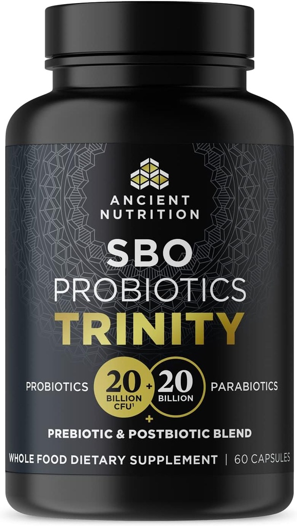 Nutrition ancienne SBO Probiotic Trinity Soins quotidiens, probiotiques pour la santé digestive, 40 milliards de mélange de prébiotiques, probiotiques, postbiotiques et parabiotiques réduit le gonflement occasionnel, 60 comte