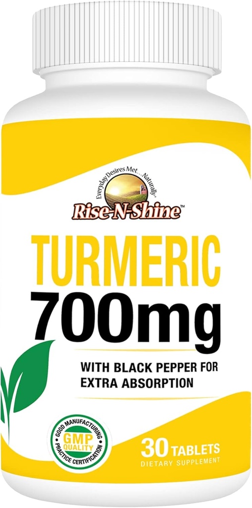 Rise-N-Shine 700 mg de curcumine curcuma avec poivre noir - suppléments à base de plantes pour la peau et le soutien articulaire - 30 jours d'approvisionnement