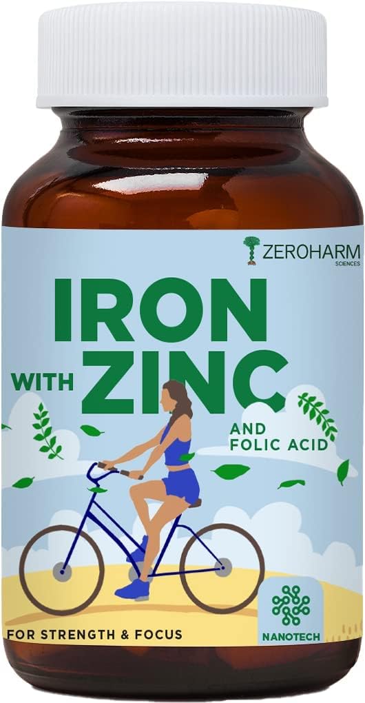 Iron with Zinc & Folic Acid Tablets | Plant Based Iron Folic Zinc | Iron Supplements for Anemia | Boosts Energy and Strength| Enhances Brain Function | Boosts Athletic Performance