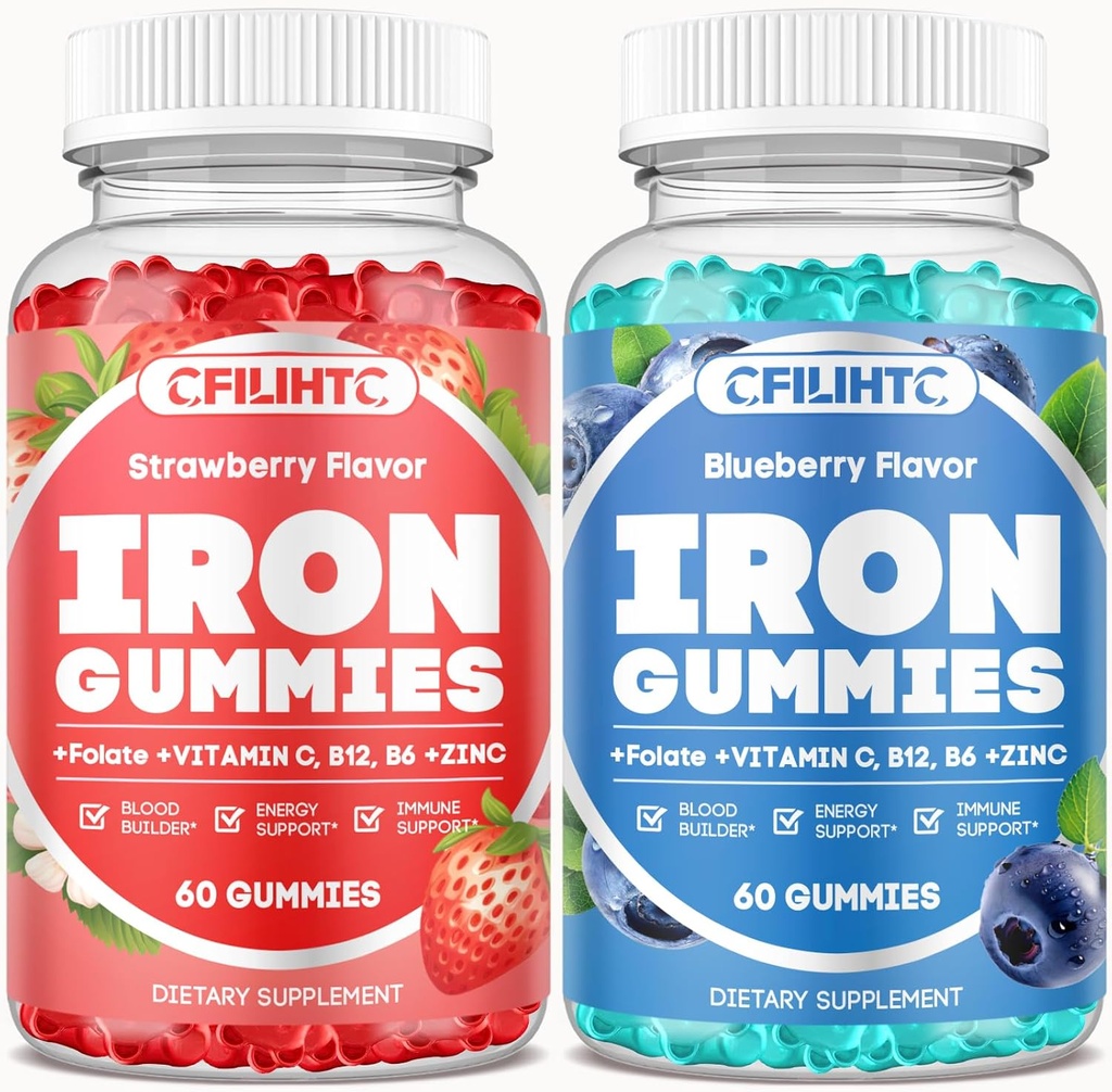 2 Pack Gommies de Fer pour Adultes et Enfants Supplément de Fer Fraise Blueberry Flavor