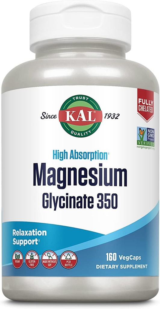 Glycinate de magnésium KAL, Bisglycinate de magnésium entièrement chélaté, supplément de magnésium à absorption élevée, os sains, muscles, relaxation et soutien au stress, non-OGM 160 compte