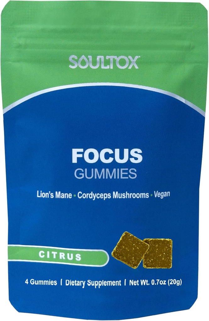 Soultox Focus Gommies de la Mane de Lion - Citrus Flavor - Formulation végétalienne avec la Mane de Lions et Cordyceps organiques - Améliorer la mémoire, le focus et l'énergie - Citrus Flavor - Single Pack