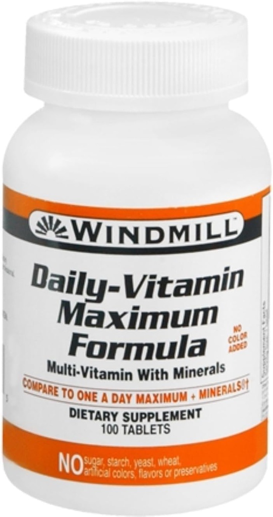 Produits de santé du moulin à vent Vitamine quotidienne Formule maximale, soutien nutritionnel, multivitamines et minéraux, 100 portions, 100 dénombrement