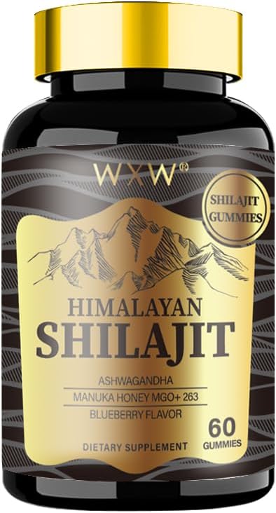 WXW Himalayan Shilajit Gummies, 60 comte, Blueberry Flavor, soutient après la récupération de l'entraînement, système immunitaire, digestion, esprit et mémoire, coeur sain, capacités cognitives (1 bouteille, Shilajit or)