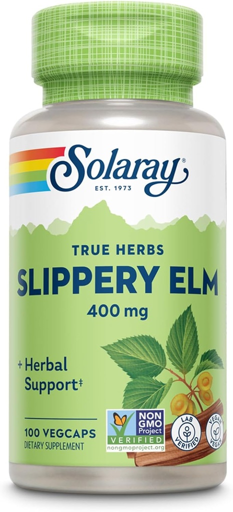 SOLARAY Slippery Elm Capsules d'écorce (Ulmus Rubra) 400 mg - Apaisant le soutien à base de plantes avec mucilage - Vegan, Lab Vérifié, Garantie de remboursement de 60 jours - 100 portions, 100 VegCaps