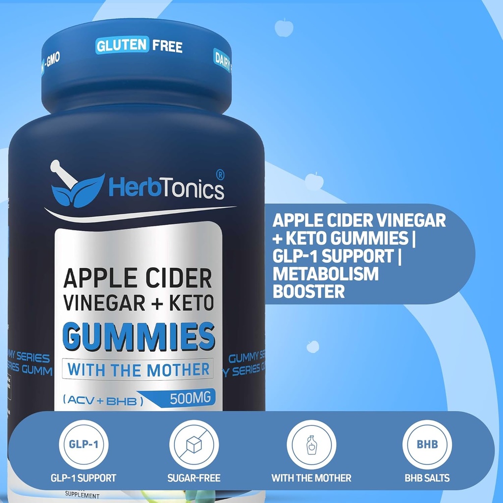 Herbtonics Gommies de vinaigre de cidre de pomme Keto - Digestion et detox Support - sans sucre BHB formule avancée pour le support de kéto - vinaigre de cidre brut avec la mère - 120 Gommies de vinaigre de cidre de pomme Vegan