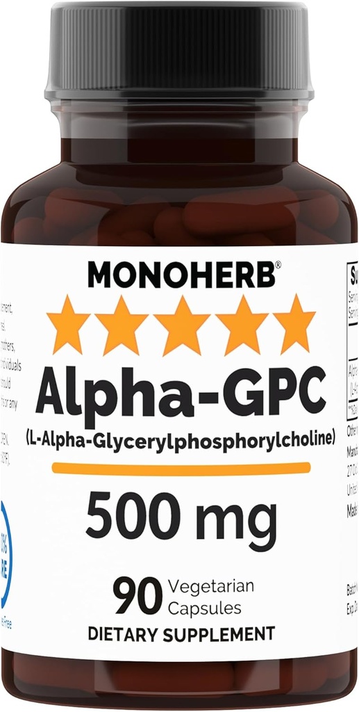 MONOHERB Alpha-GPC 500 mg - 90 capsules véganes, nootropes pour le soutien cérébral, la concentration, la mémoire, la motivation et l'énergie
