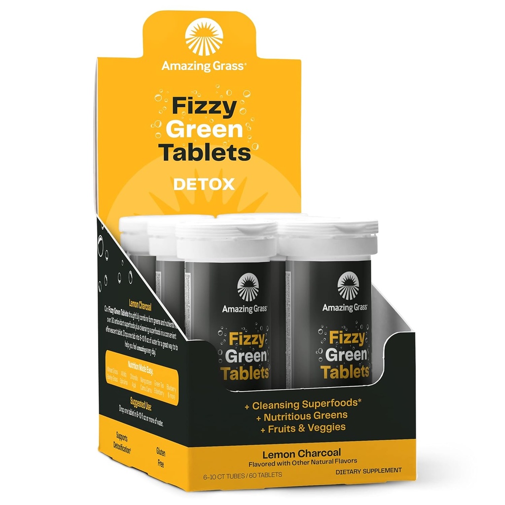 Amazing Grass Comprimés Vert Fizzy Detox Lemon Charcoal: Comprimé Aromatisant avec Verts et Antioxydants détoxifiants, 60 Comte