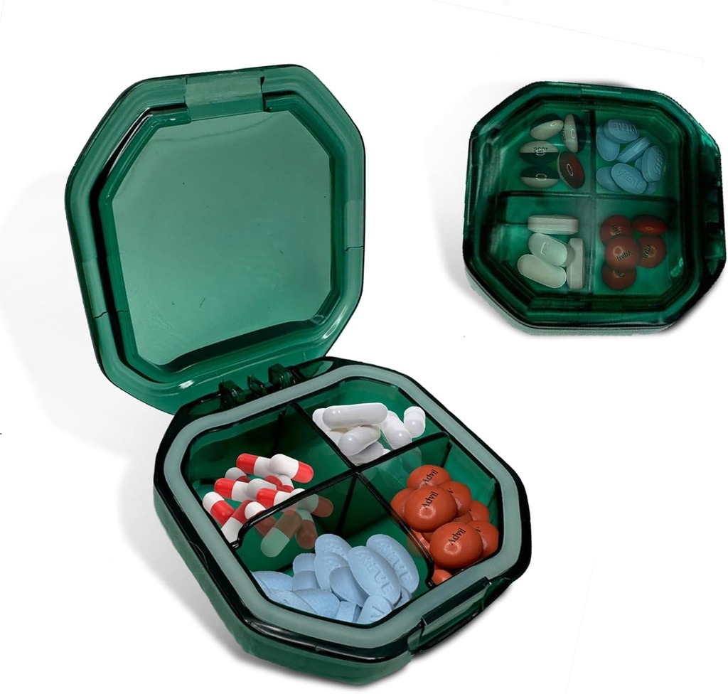 Organisateur de pilules de voyage - Cas de pilule durable et étanche Taille de voyage avec 4 compartiments - Cas de pilules compactes pour vitamines, suppléments, médicaments - Conteneur de pilules de voyage pour la purse (vert)