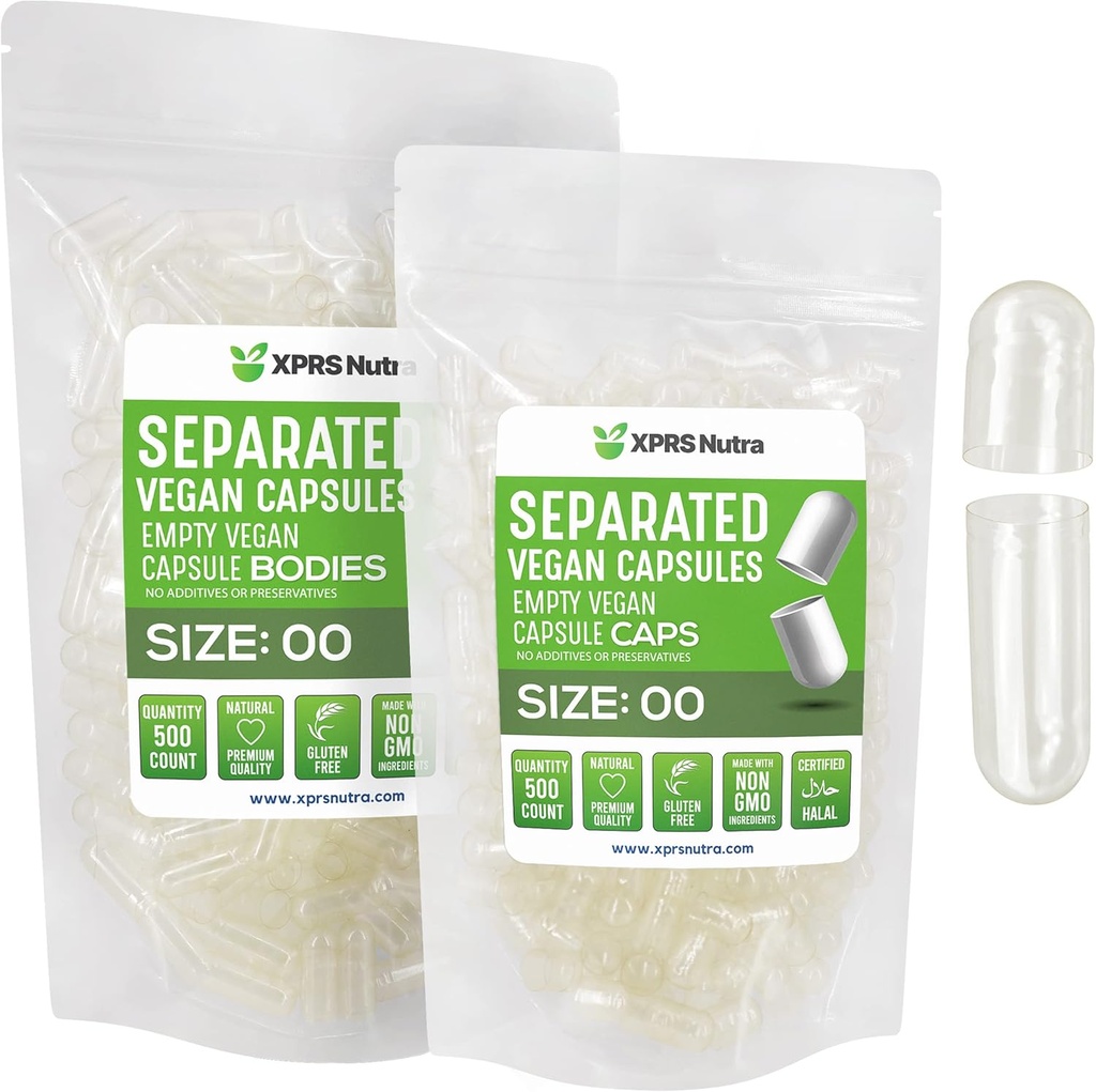 XPRS Nutra Vegan Taille 00 Capsules séparées - 500 Comptez Capsules vides claires Premium Séparées dans des sacs - 00 Pills vides pour le remplissage de supplément de bricolage