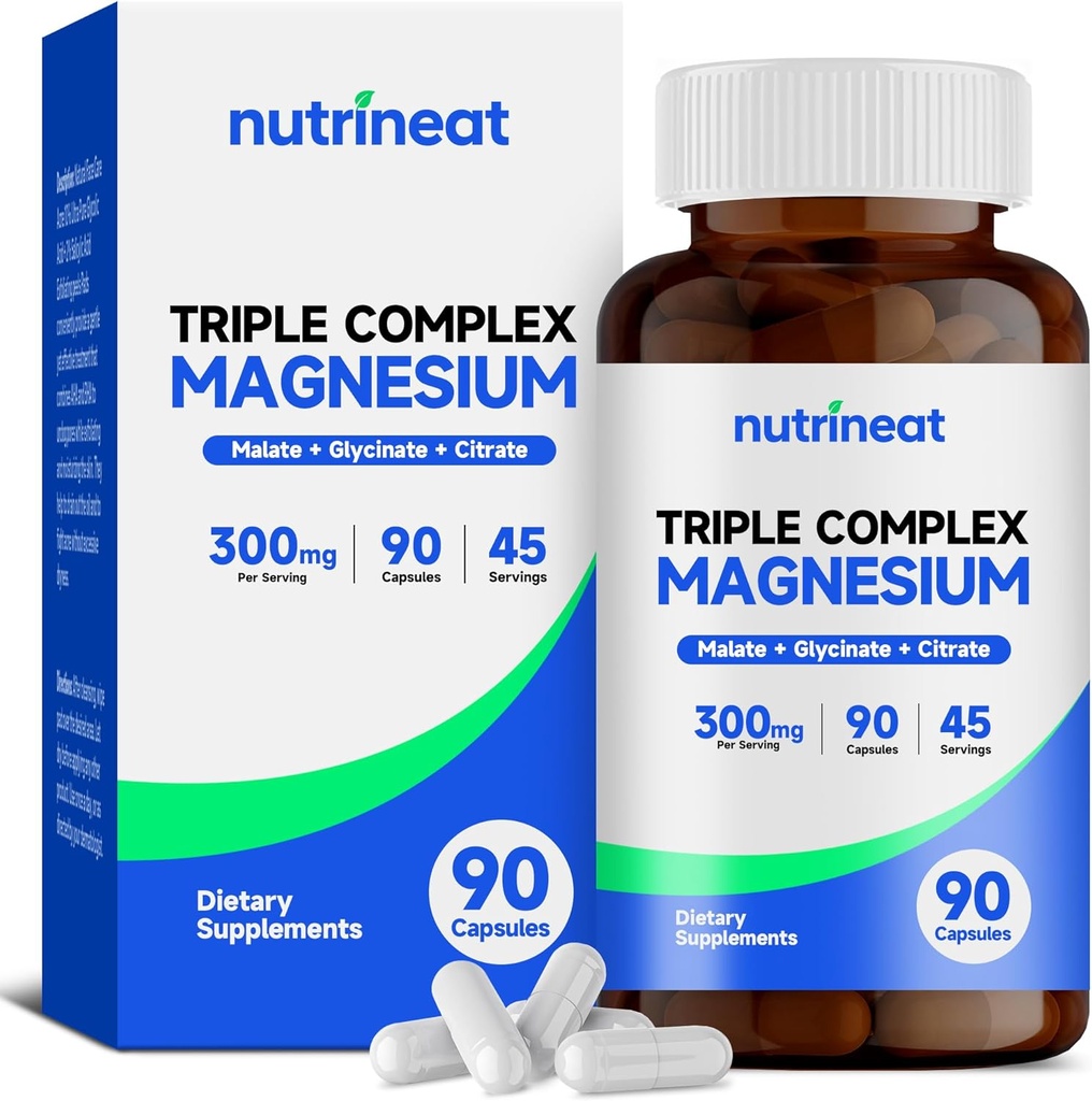 Complexe Triple Magnésium (90 capsules), 300mg de glycinate de magnésium, Citrate et Malate pour les muscles, les nerfs, et l'énergie, haute absorption, végétalien, non-OGM