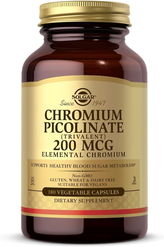 Solgar Chromium Picolinate 200 mcg, 180 capsules végétales - soutient le métabolisme sain du sucre dans le sang - non-OGM, végétalien, sans gluten, sans produits laitiers, sans casher - 180 portions