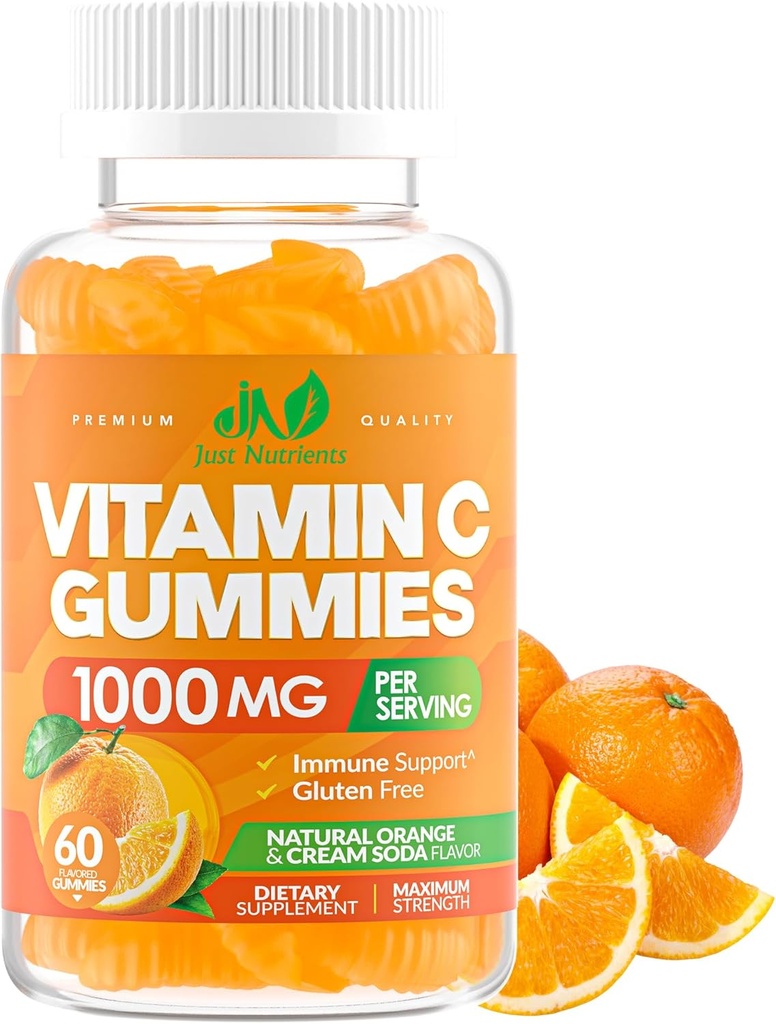 Gommies de vitamine C 1000mg pour les adultes et les enfants – Multivitamine à croquer avec du zinc pour le système immunitaire et le collagène pour la peau – Arôme orange – Sans gluten, sans OGM, végétarien – 60 Gommies