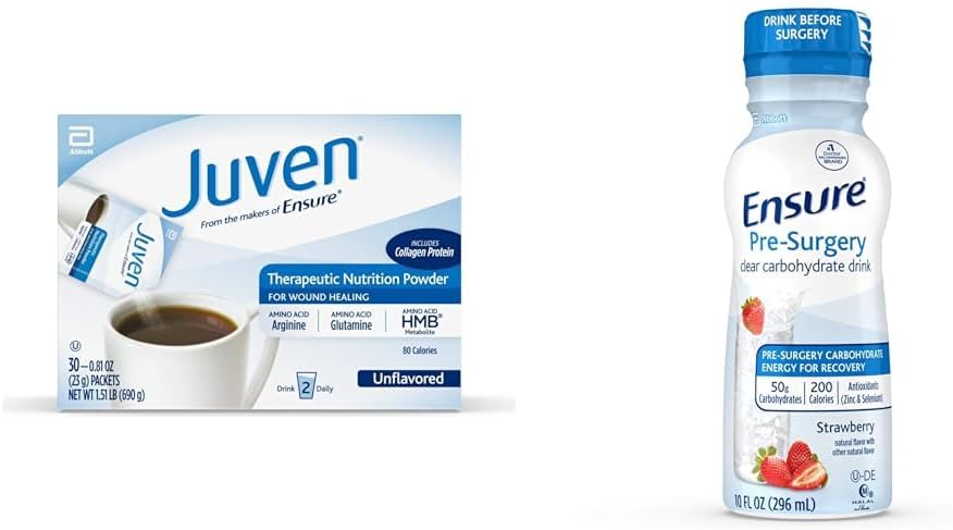 Juven Therapeutic Nutrition Drink Mix Powder for Wound Healing Support, Inclut Collagen Protein, Non aromatisé, 30 Compte et assurer la pré-chirurgie, boisson glucidique claire, fraise, 10 Fl Oz (paquet de 4)