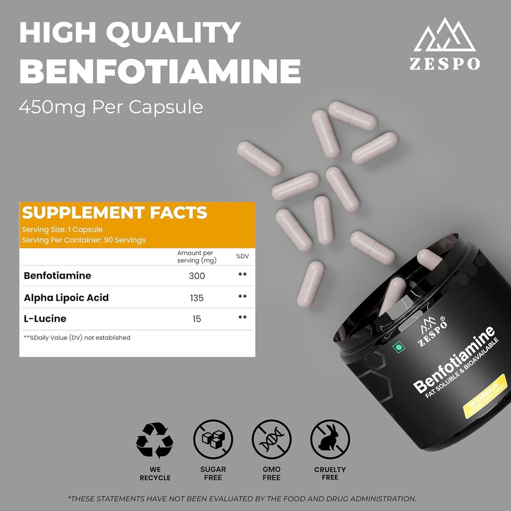 Benfotiamine 450mg – 90 Capsules,Supports Cellular Health with Alpha Lipoic Acid & L-Leucine, Daily Nutritional & Wellness Formula